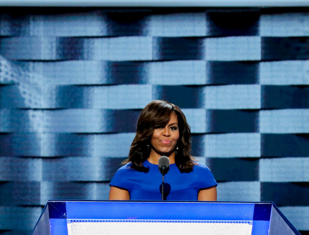 Michelle Obama giving a speech in 2016 (Photo credit: Mark Reinstein via Shutterstock)