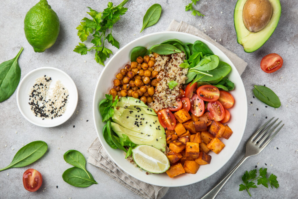 Grain bowl with roasted chickpeas and other vegetables (photo credit: Anna Shepulova)