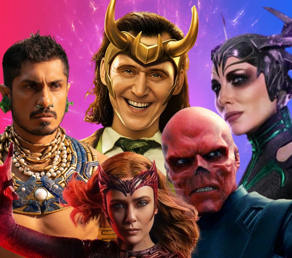 Villains Namor, Loki, The Scarlett Witch, Red Skull, and Hela.