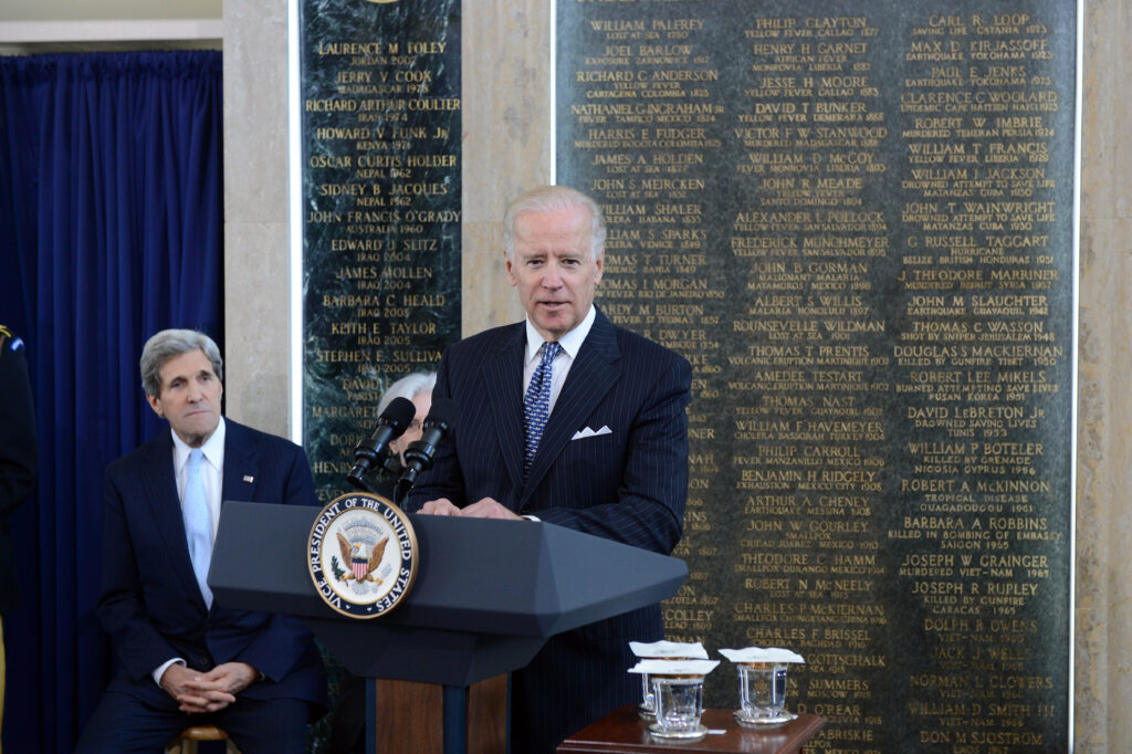 President Joe Biden delivers remarks at the American Foreign Service Association (AFSA) Memorial Plaque Ceremony in 2013 while Vice President to Barack Obama.