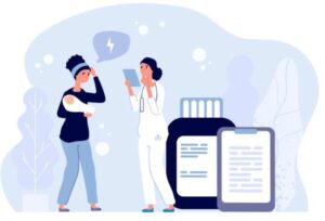 Mother consulting with doctor for professional help (postpartum depression)
