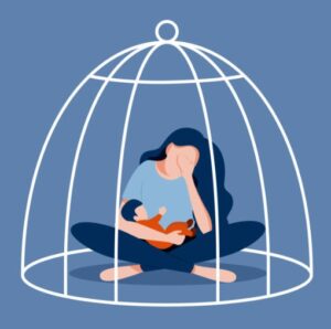 Mother feeling caged with baby in hand (postpartum depression)