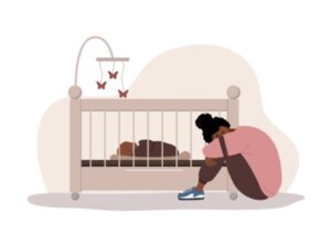 Mother clearly stressed while baby rests (postpartum depression)