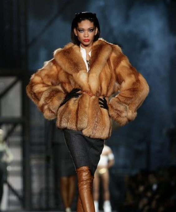 Chanel Iman wearing a fur look on the runway as part of a story on the NYFW fur ban. (Credit: Vittorio Zunino Celotto | Getty Images)
