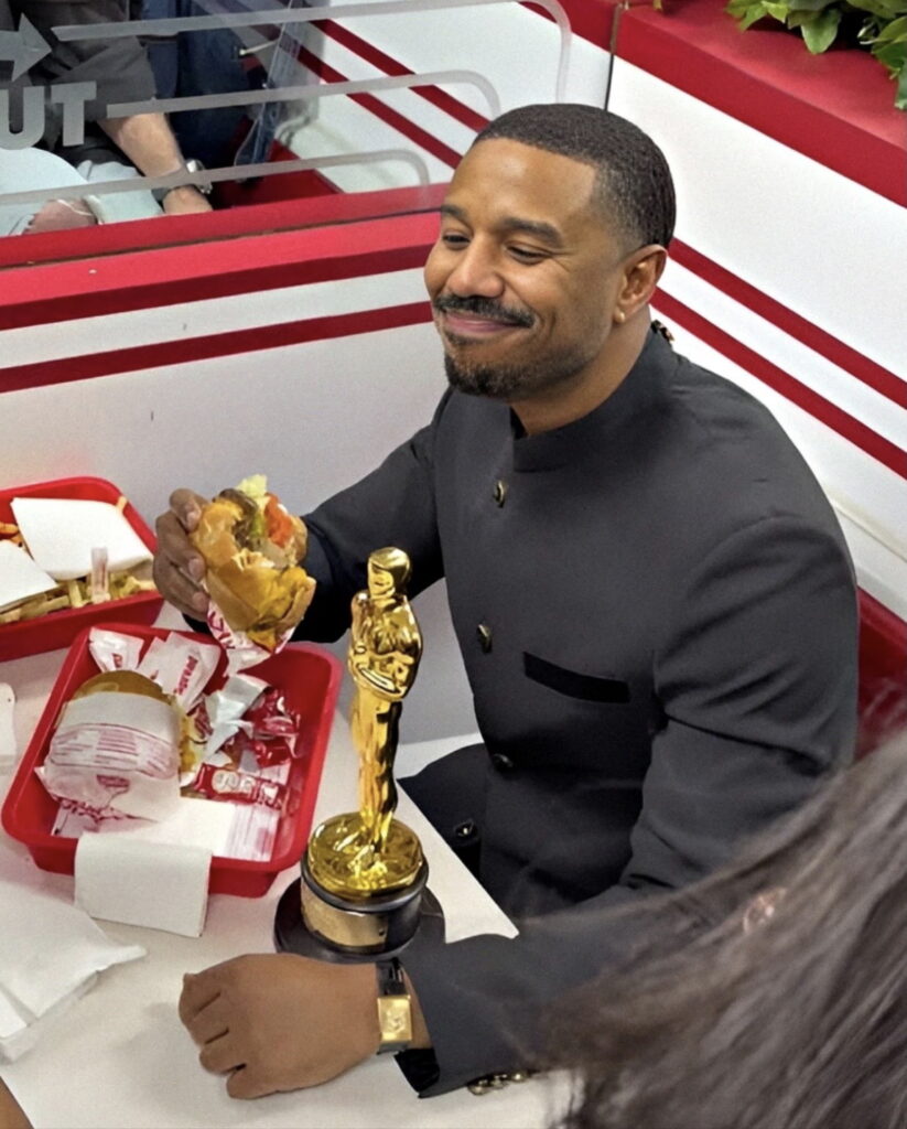 Michael B Jordan at In-N-Out with his Oscar trophy as part of a story on viral moments at the 2026 Oscars. (Credit: TheSceneDaily.com)