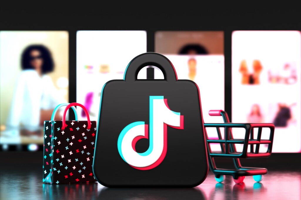 TikTok logo with a shopping cart and shopping bag as part of a story on the best TikTok shop buys for creatives. (Credit: South China Morning Post)