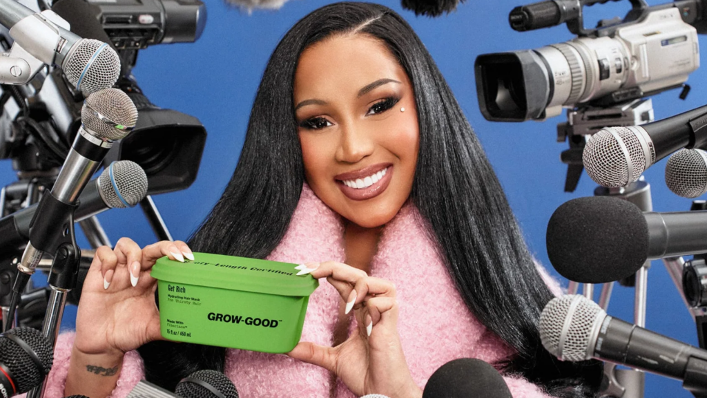 Cardi with her Grow-Good Beauty products for a story on celebrity beauty brands that are either overhyped or worth the buy. (Credit: Grow-Good Beauty website)