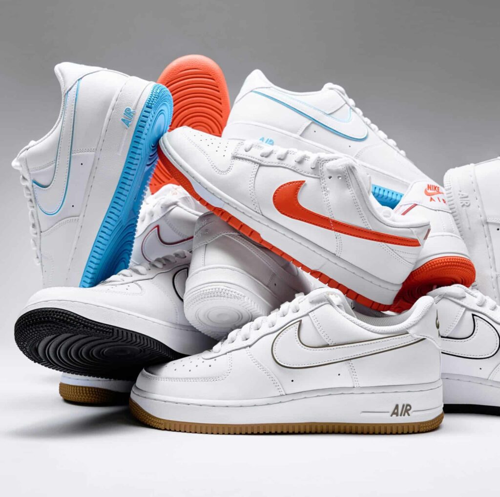 A cluster of Nike Air Force sneakers as part of story on retro sneakers dominating sneaker culture. (Credit: Joshua Díaz via Unsplash)