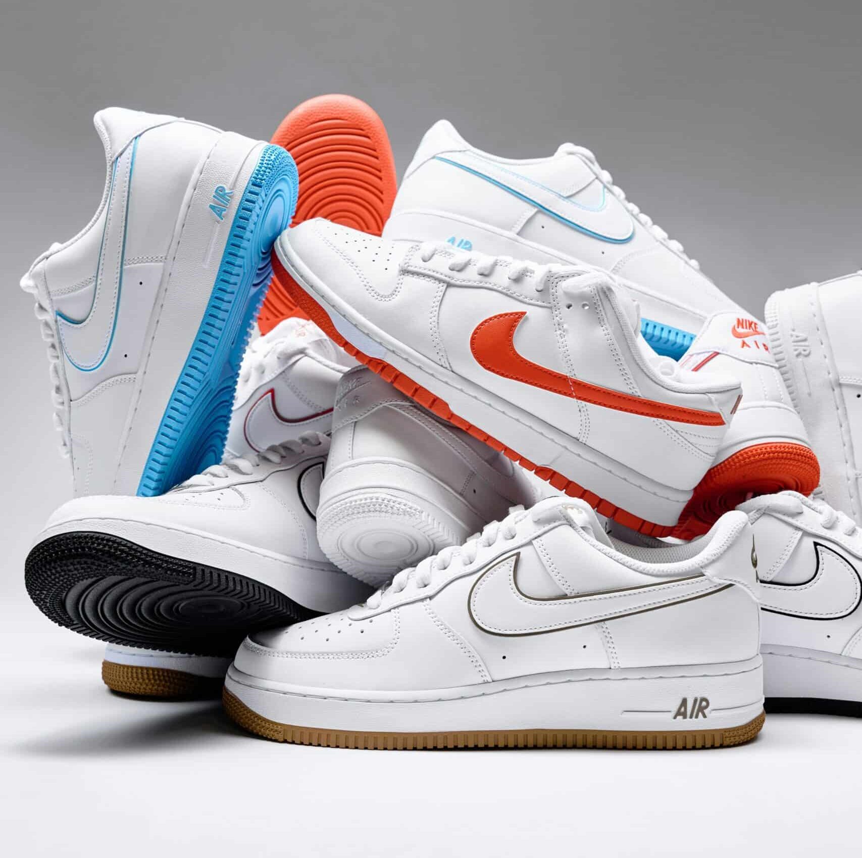 A cluster of Nike Air Force sneakers as part of story on retro sneakers dominating sneaker culture. (Credit: Joshua Díaz via Unsplash)